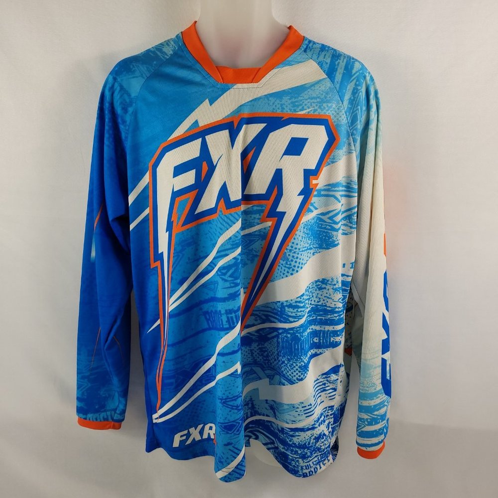 FXR MX Racing Long Sleeve Shirt Motocross Snowmobile Blue White Jersey Large